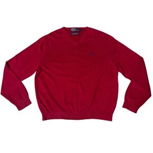 Polo Ralph Lauren Mens Red V‎ Neck Long Sleeve Sweater Sz L Pima Cotton  logo